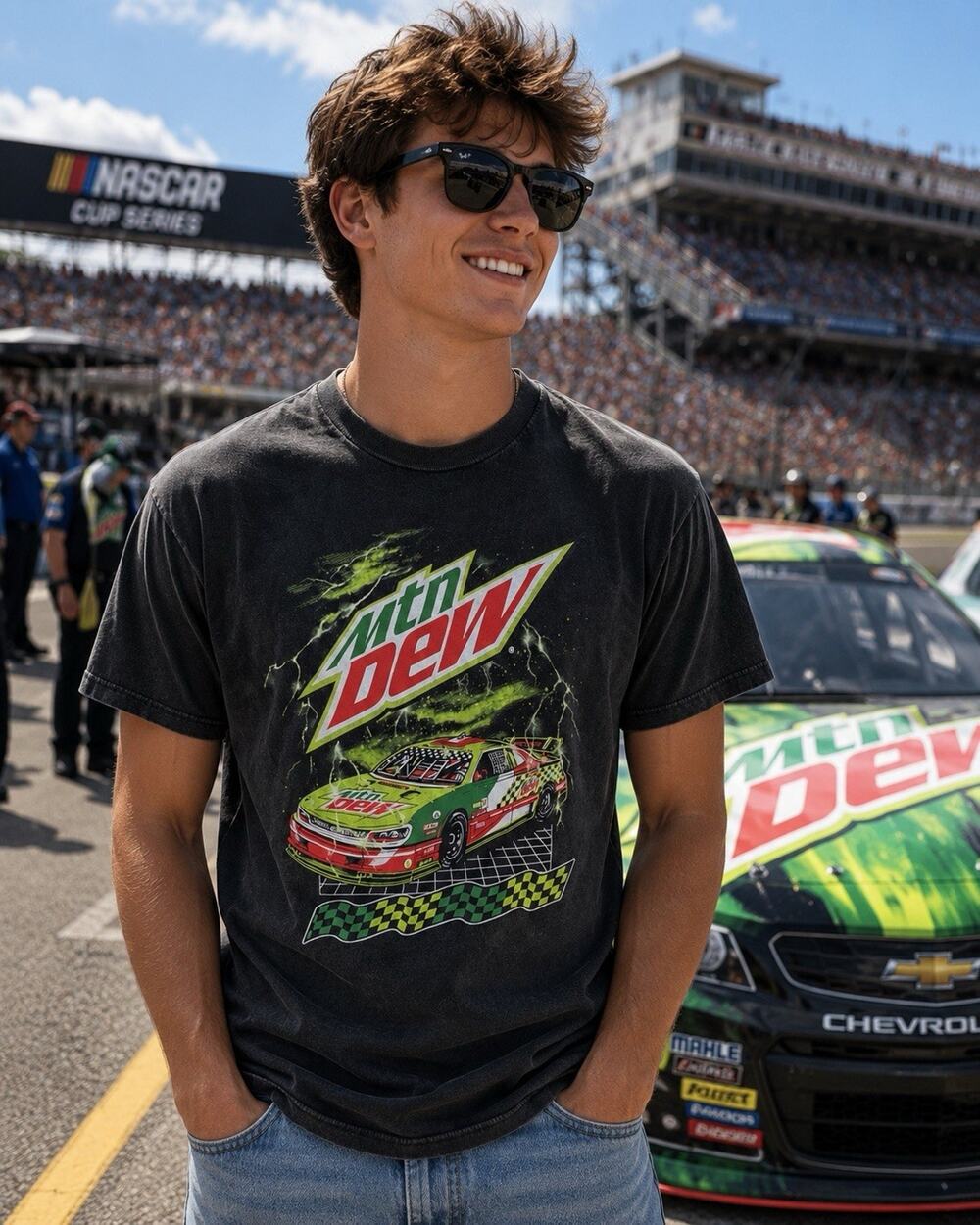 Mountain Dew NASCAR Graphic T-Shirt Men’s Medium Black Faded Racing Car Tee